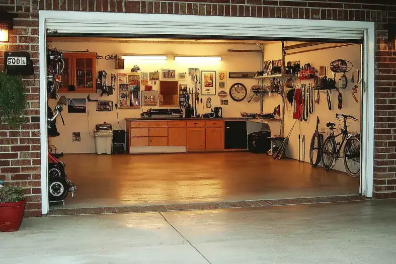 A spacious 510 garage with a wooden workbench, wall-mounted storage, and bicycles neatly arranged.