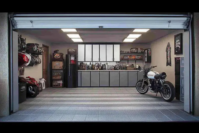 A modern 510 garage featuring sleek cabinetry, overhead storage, and a parked motorcycle.