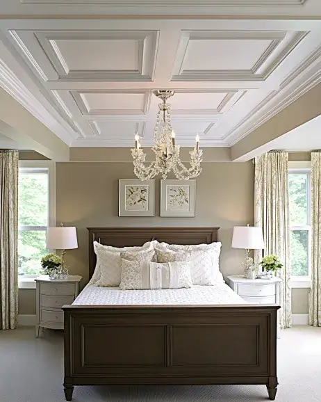 "Elegant bedroom featuring a classic white tray ceiling, adorned with a crystal chandelier, complementing the neutral walls, traditional furniture, and luxurious bedding.