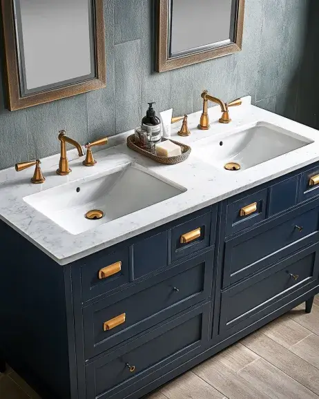 Navy blue double sink bathroom vanity with gold accents and a marble countertop.