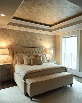 Bedroom with a textured tray ceiling, tufted bed, neutral decor, and soft lighting.