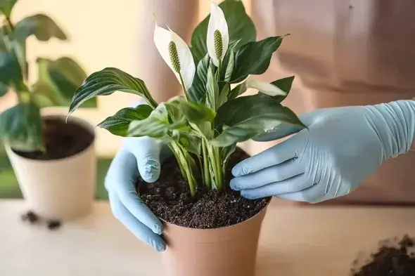 Person wearing gloves carefully planting a peace lily with white blooms into a terracotta pot filled with fresh soil.