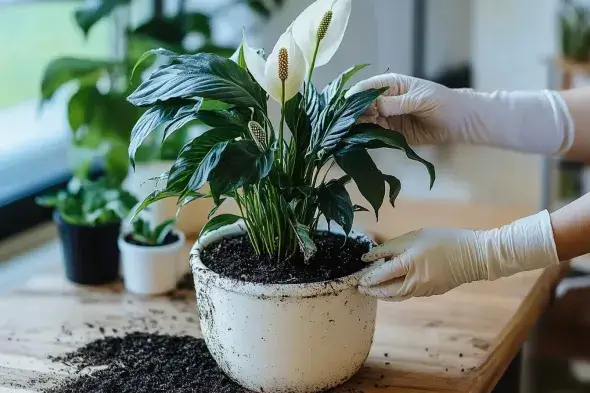 Gardener repotting a peace lily plant with white blooms into a fresh pot of soil on a wooden table.