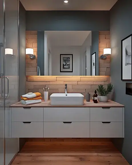 Modern small bathroom vanities featuring a floating design, wood countertop, vessel sink, and warm lighting with a stylish brick accent wall.