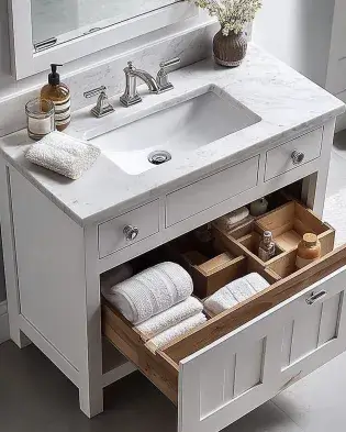 Small bathroom vanities with a white cabinet, marble countertop, built-in sink, and an open drawer showcasing organized storage for towels and toiletries.