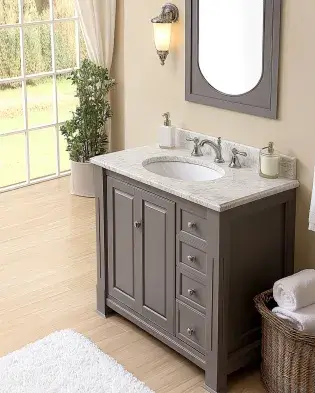 Stylish small bathroom vanity with gray cabinet, marble countertop, and built-in sink, perfect for compact spaces.