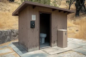 Brown wooden vault toilet with an open door in a dry, grassy outdoor area.