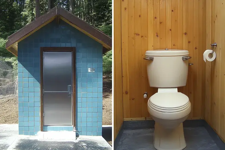 exterior and interior view of a vault toilet in a natural outdoor setting.