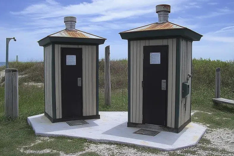 Dual vault toilets installed in a coastal outdoor setting.