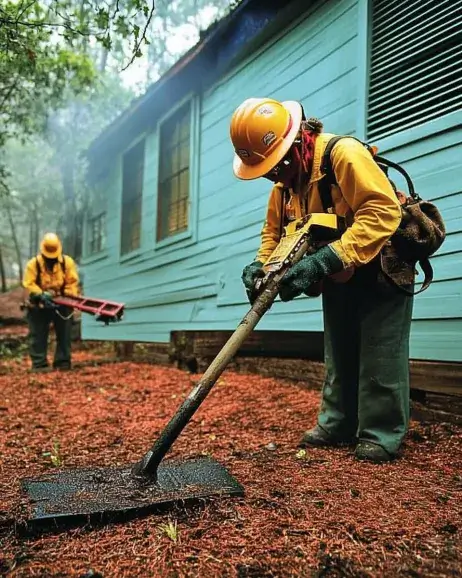 Los Angeles Firefighters Clearing Defensible Space Around a Home