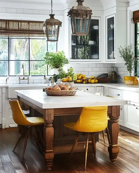 A bright kitchen decor with white cabinets, a rustic wooden island with a marble countertop, yellow chairs, lantern pendant lights, and large windows.